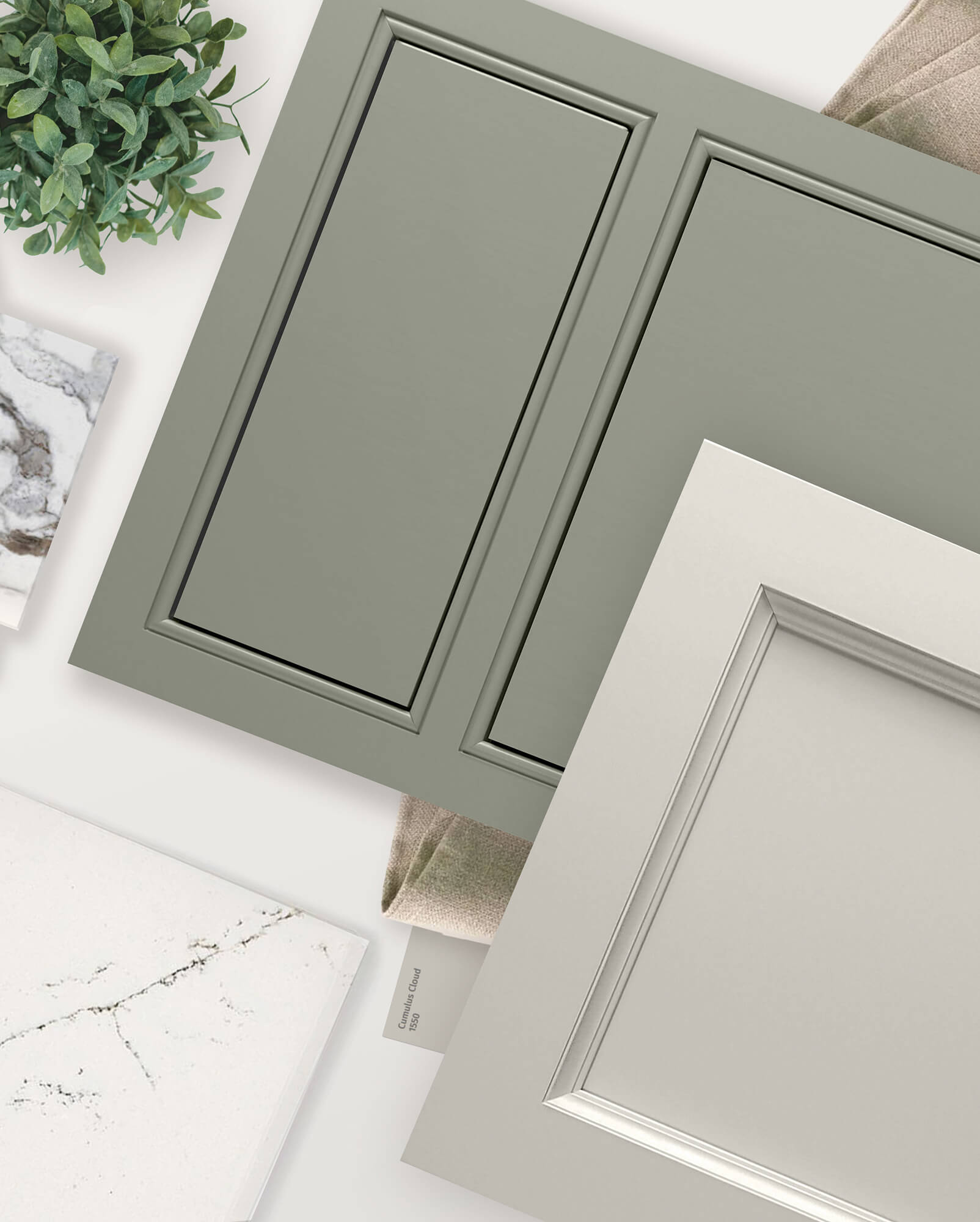 Two luxurious painted cabinet doors with contrasting painted colors of beige and sage green with a premium, high-tech painted finish.