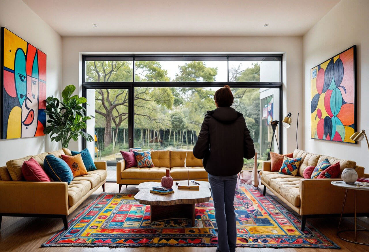 A person standing in a colorful room.