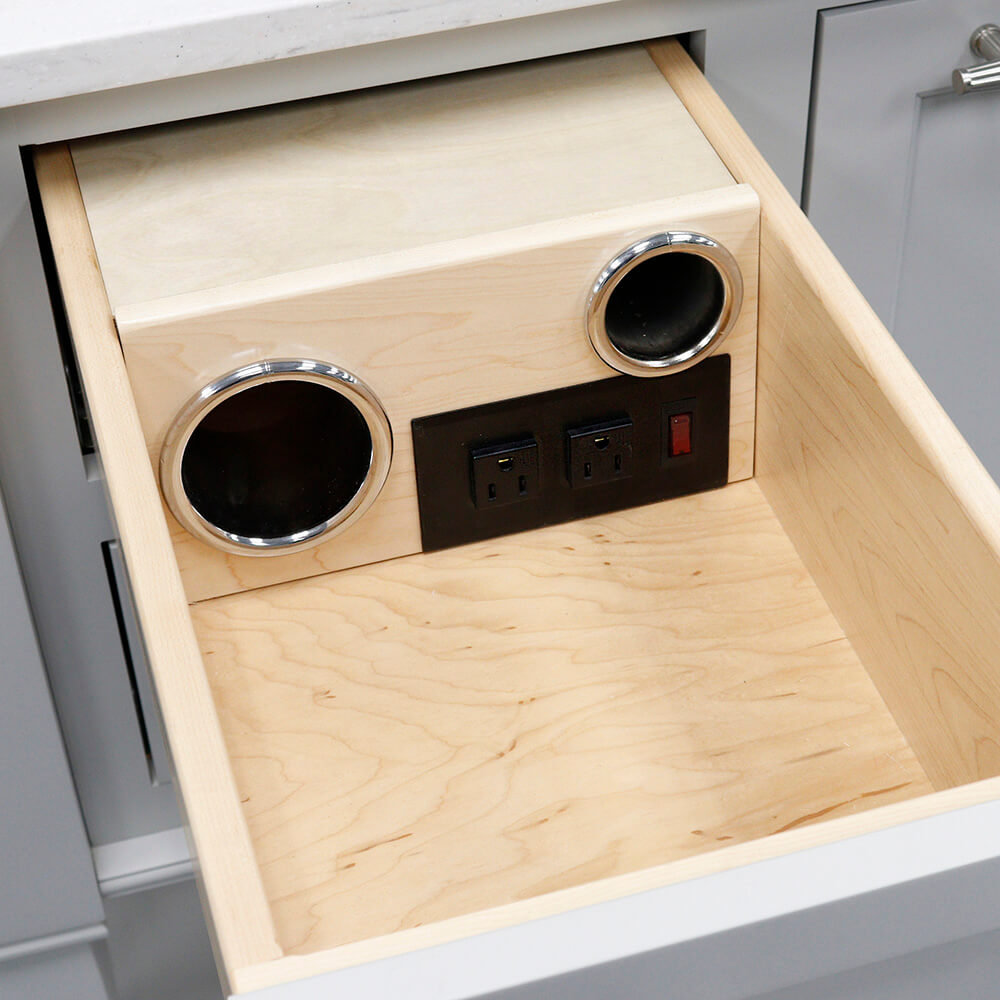 Bathroom cabinet accessory with a vanity grooming drawer for hair dryer and curling iron storage shown empty.