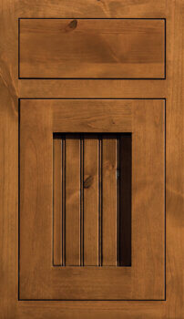 An Arts & Crafts inspired craftsman inset door style with a flat beaded panel in a stained wood finish.