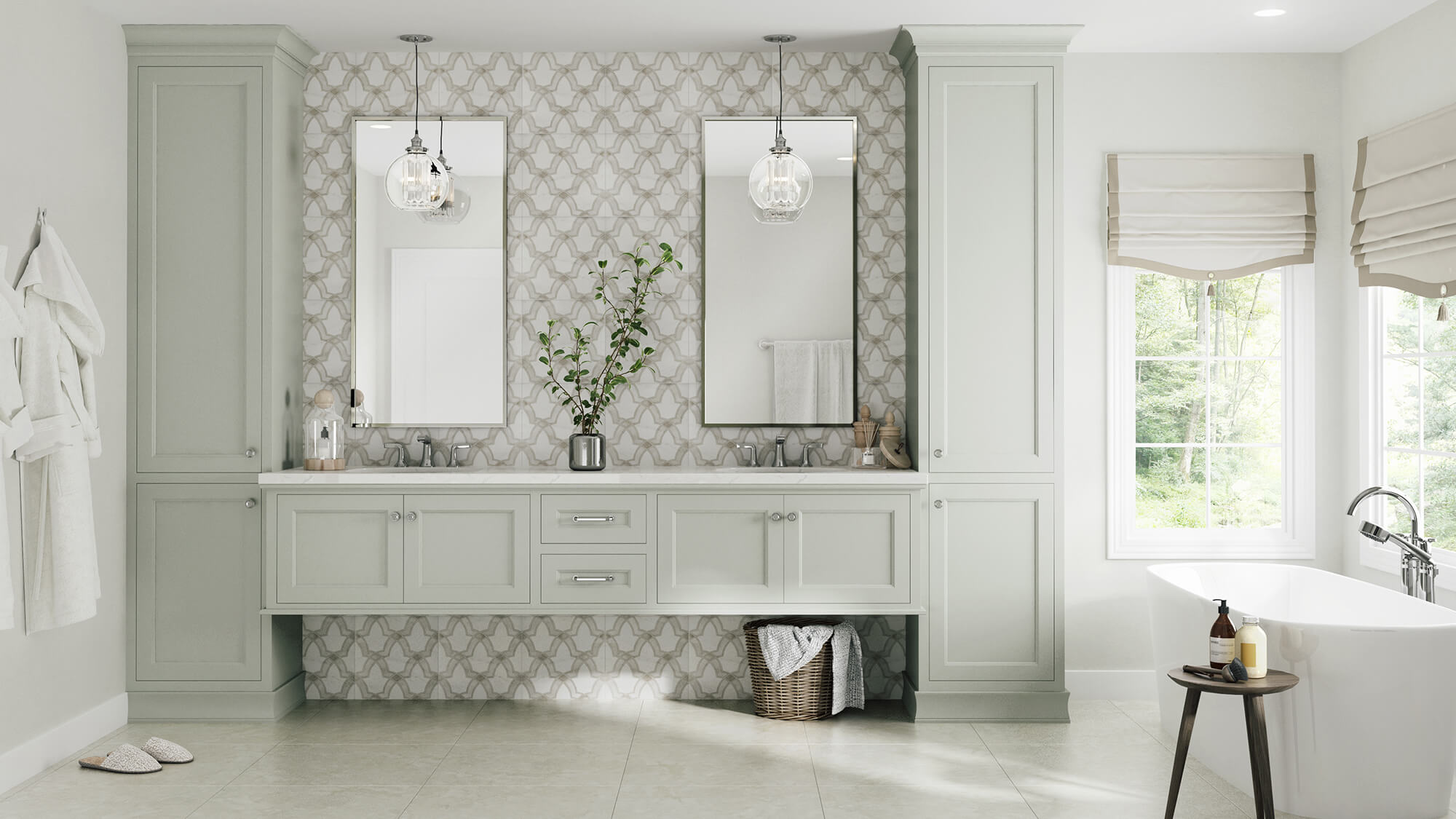 A beautiful, transitional bathroom design with a freestanding vanity with a gorgeous flat panel cabinet door style called Meridien by Dura Supreme.